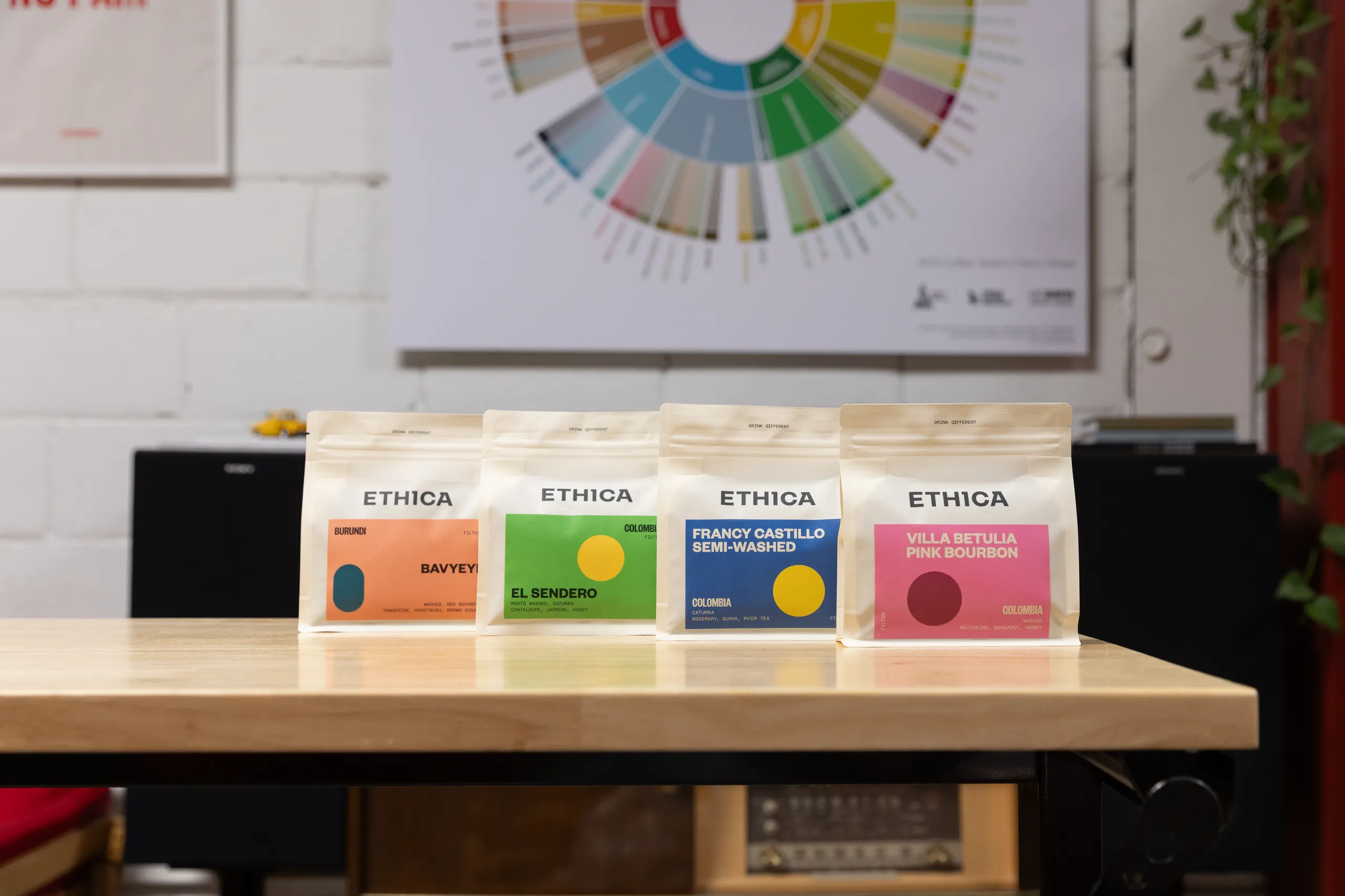 Ethica filter coffee bags on a table